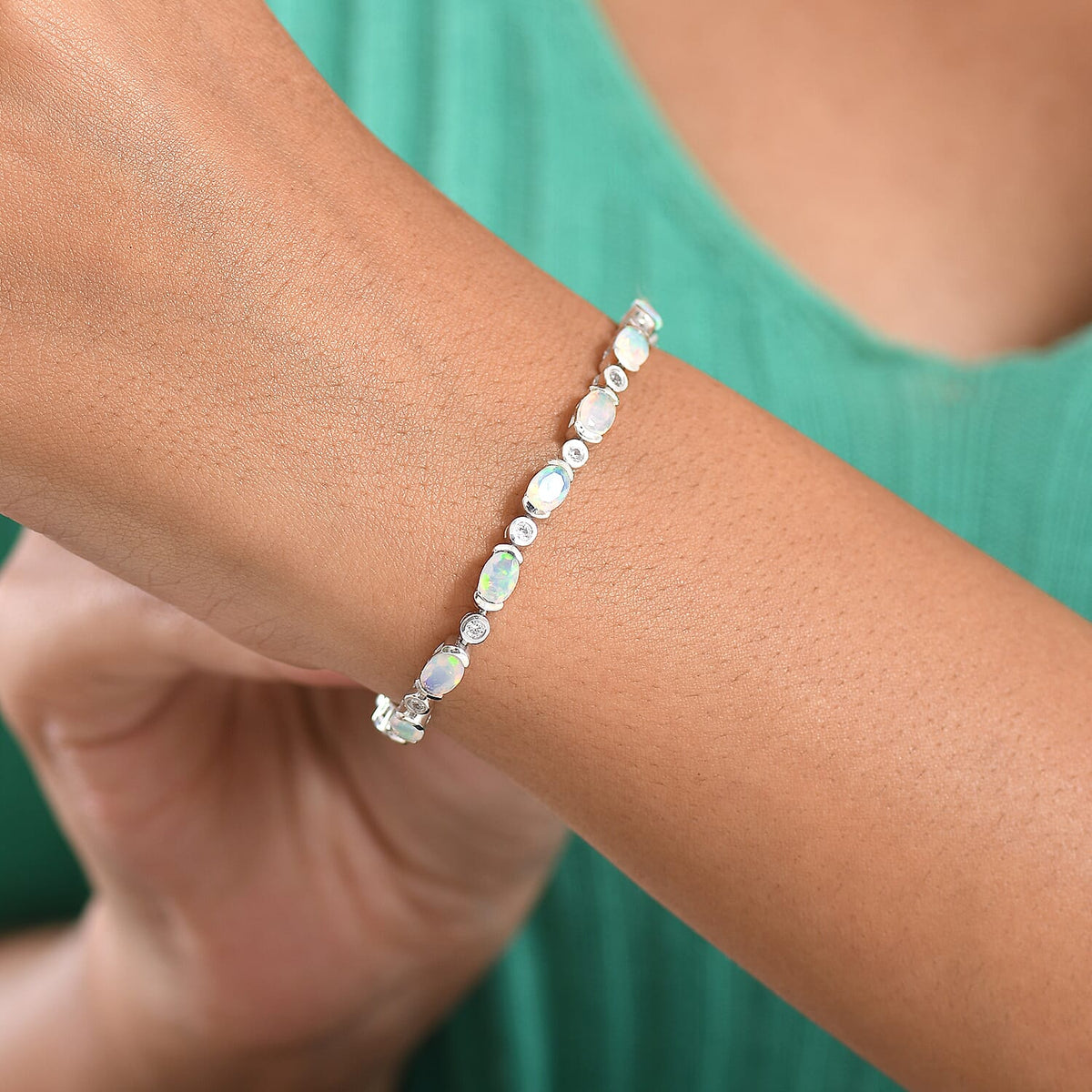 D'Joy Ethiopian Opal &amp; Natural Zircon Bracelet (Size 7) with GB Lock Box in Rhodium Overlay Sterling Silver 5.39 Ct, Silver Wt. 8.83 Gms. 8278797 3