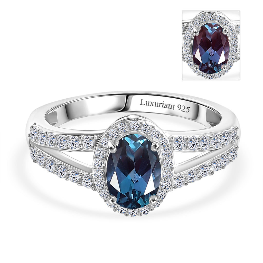 Luxuriant Lab Grown Alexandrite & White Zircon Ring in Rhodium Overlay Sterling Silver 1.34 Ct._8279012