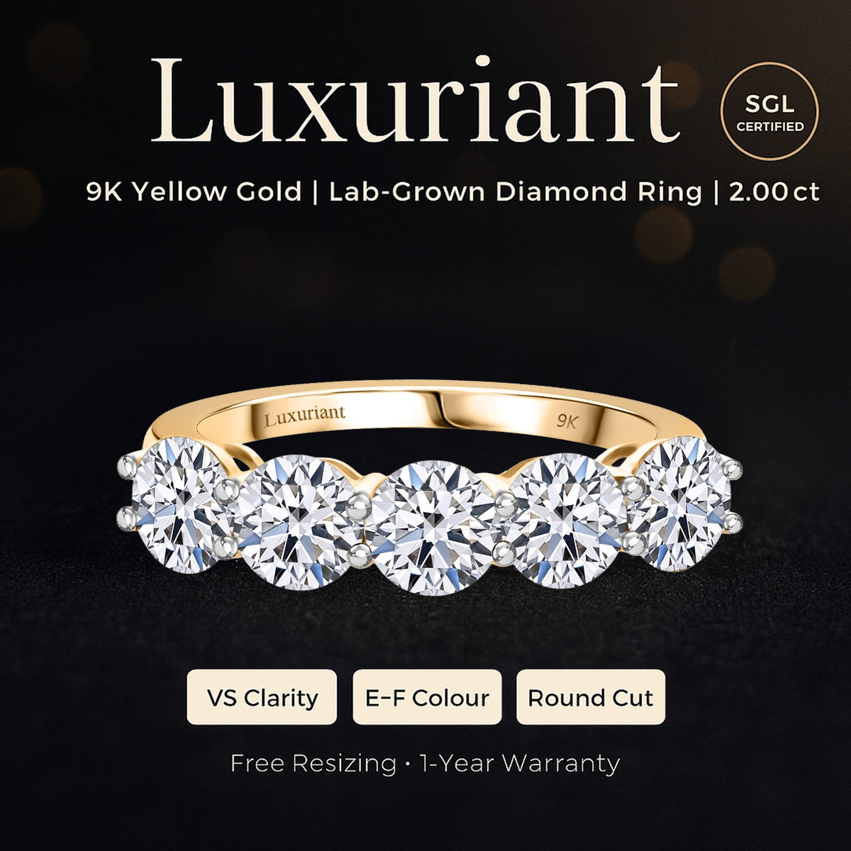 Luxuriant 9K Yellow Gold Round Cut SGL Certified Lab Grown Diamond (VS/EF) Ring 2.00 Ct. 8279600 2