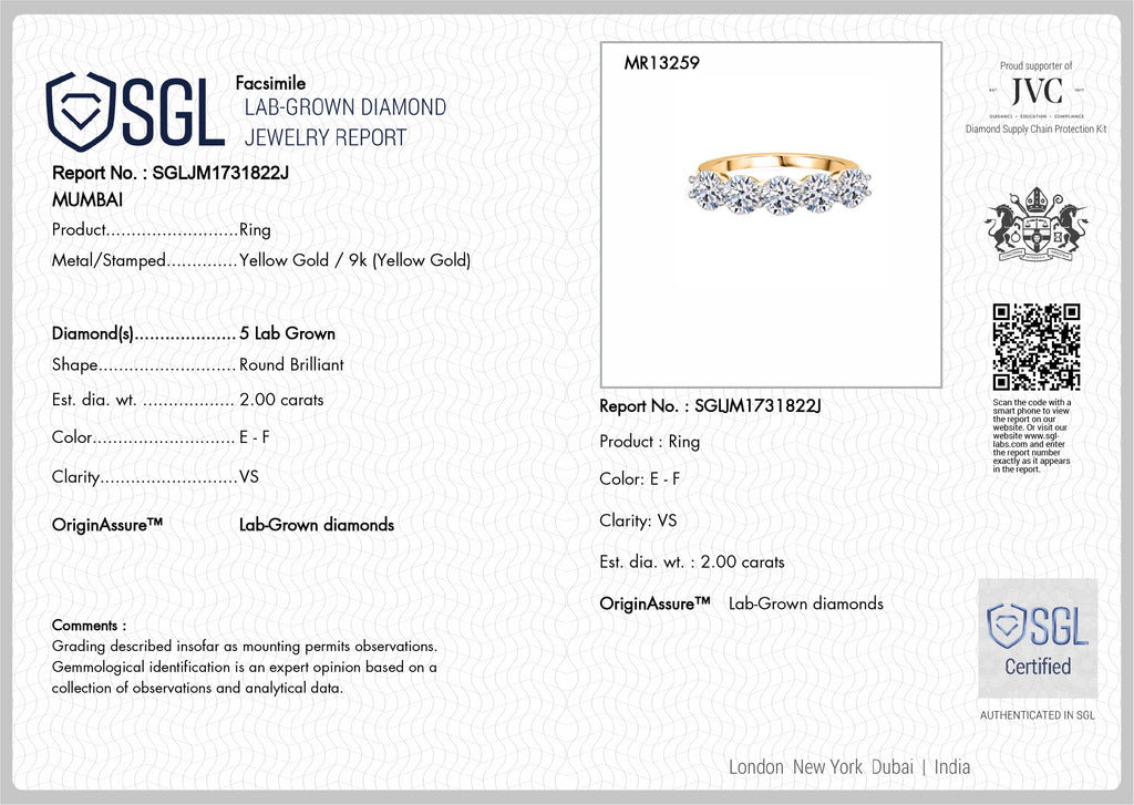 Luxuriant - 9K Yellow Gold SGL Certified Lab Grown Diamond (VS/E-F) 5 Stone Band Ring 2.00 Ct._8279600_8