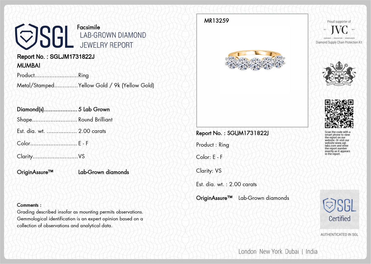 Luxuriant 9K Yellow Gold Round Cut SGL Certified Lab Grown Diamond (VS/EF) Ring 2.00 Ct. 8279600 8