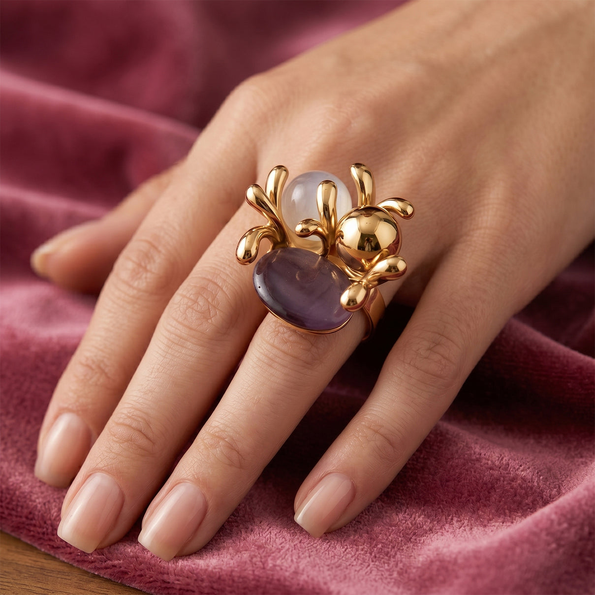 Bloomstone Collection - White &amp; Purple Crystal Adjustable Ring (Size - N to T) in Gold Tone 8279894 2