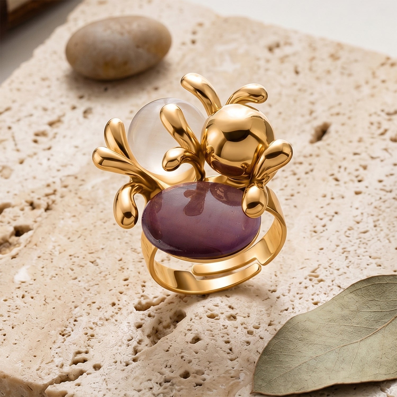 Bloomstone Collection - White &amp; Purple Crystal Adjustable Ring (Size - N to T) in Gold Tone 8279894 3