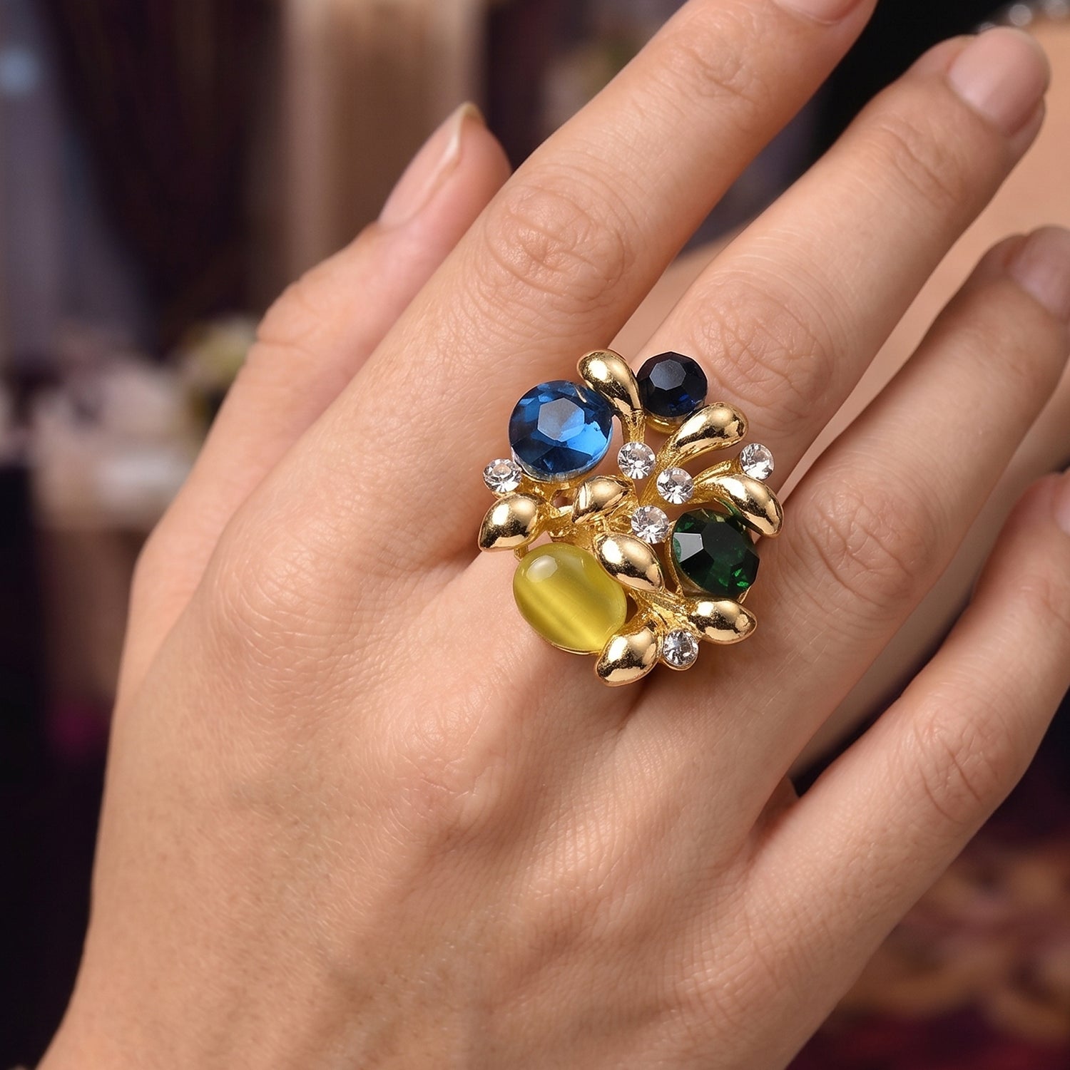 Bloomstone Collection - Multi Colour Crystal Adjustable Cluster Ring (Size - Q to S) V32367904 2