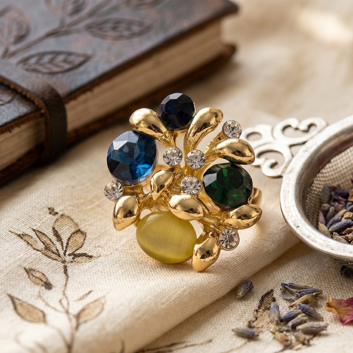 Bloomstone Collection - Multi Colour Crystal Adjustable Cluster Ring (Size - Q to S) V32364801 3