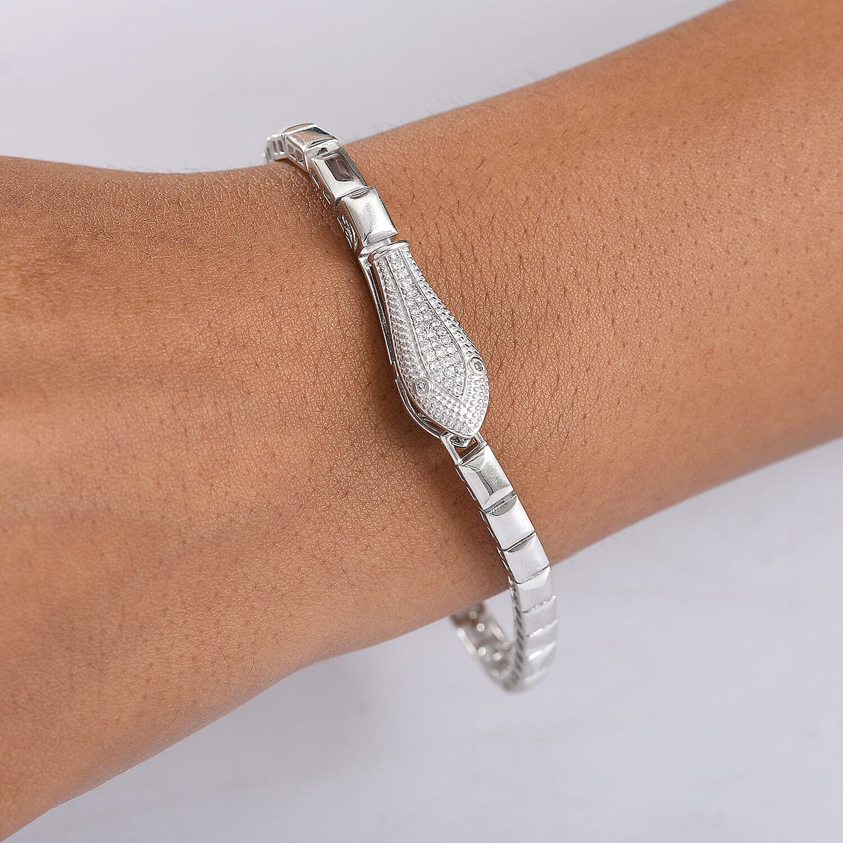 LUXURIANT Lab Grown Diamond Snake Bracelet (Size - 7.5) in Rhodium Overlay Sterling Silver (SI-GH) V32569511 3
