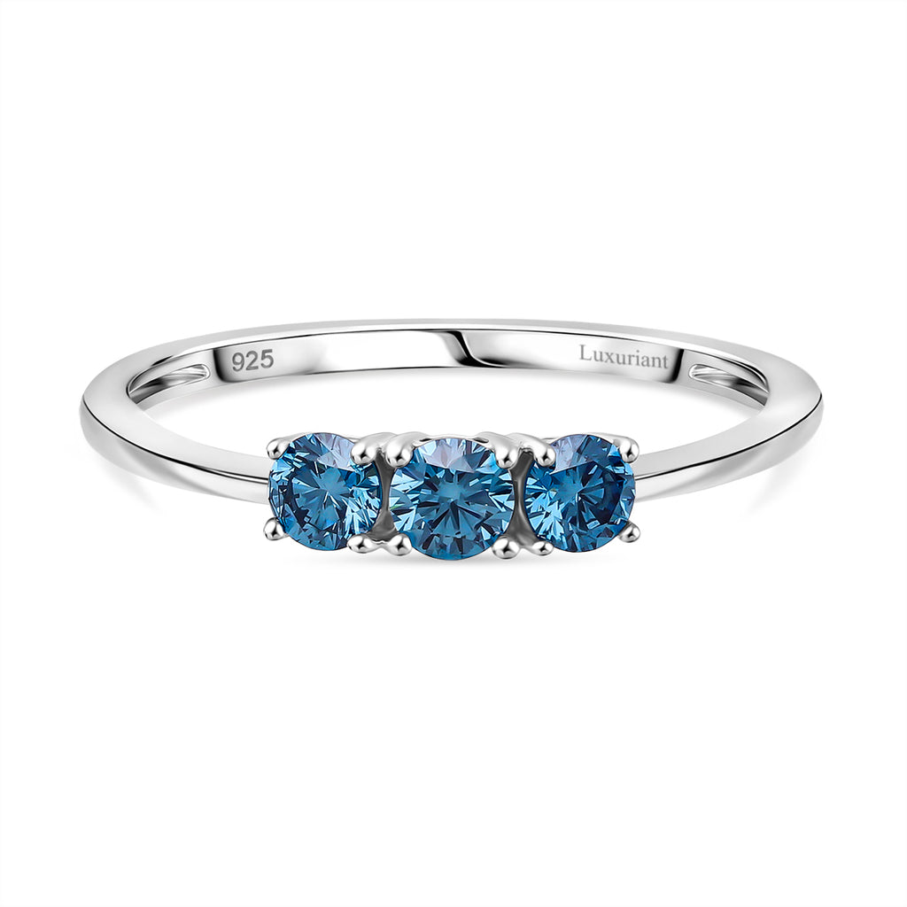 Luxuriant Lab Grown Blue Diamond (VS INTENSE BLUE) Trilogy Ring in Rhodium Overlay Sterling Silver 0.50 Ct._8280836