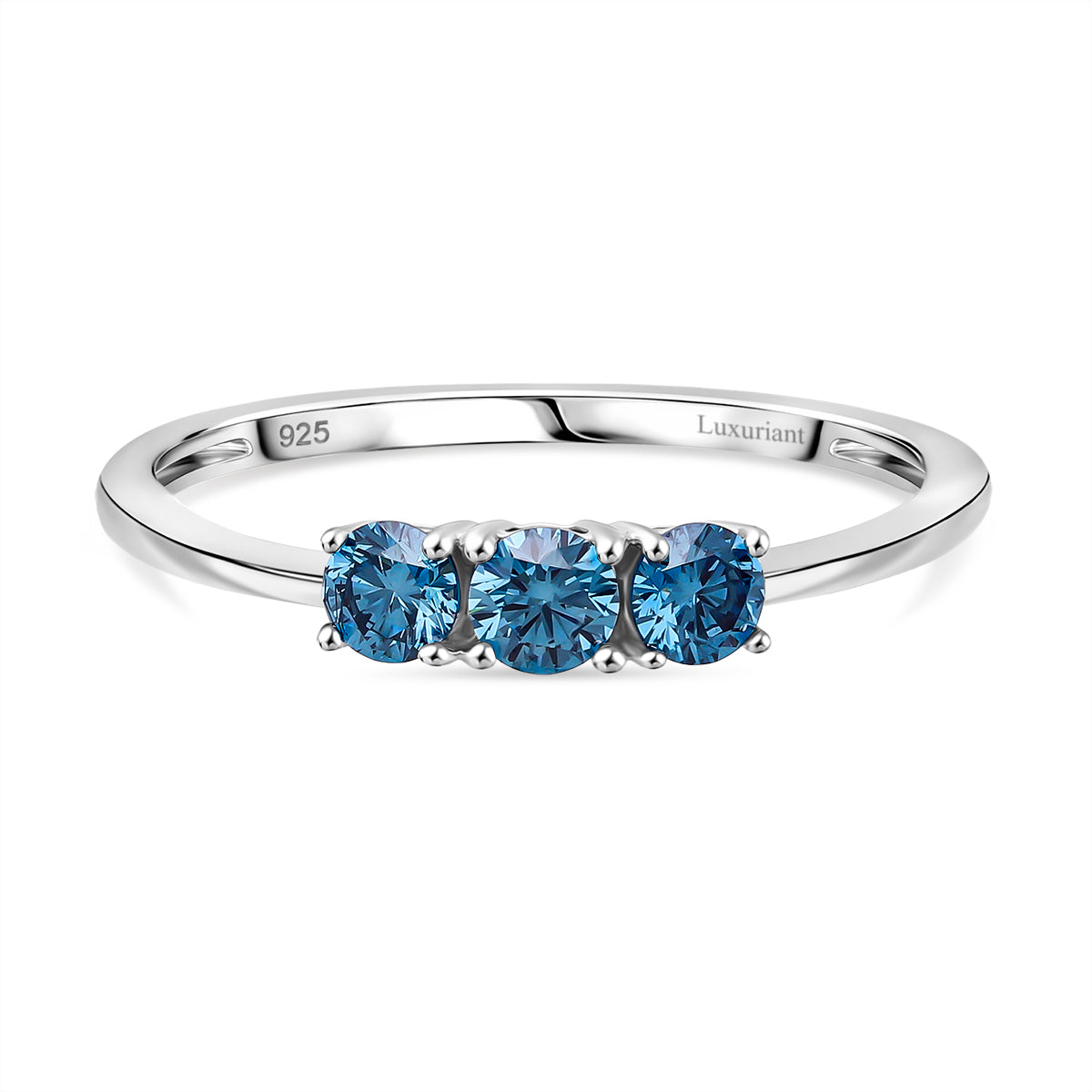 LUXURIANT Lab Grown Blue Diamond 3-Stone Ring in Rhodium Overlay Sterling Silver 8280836 0