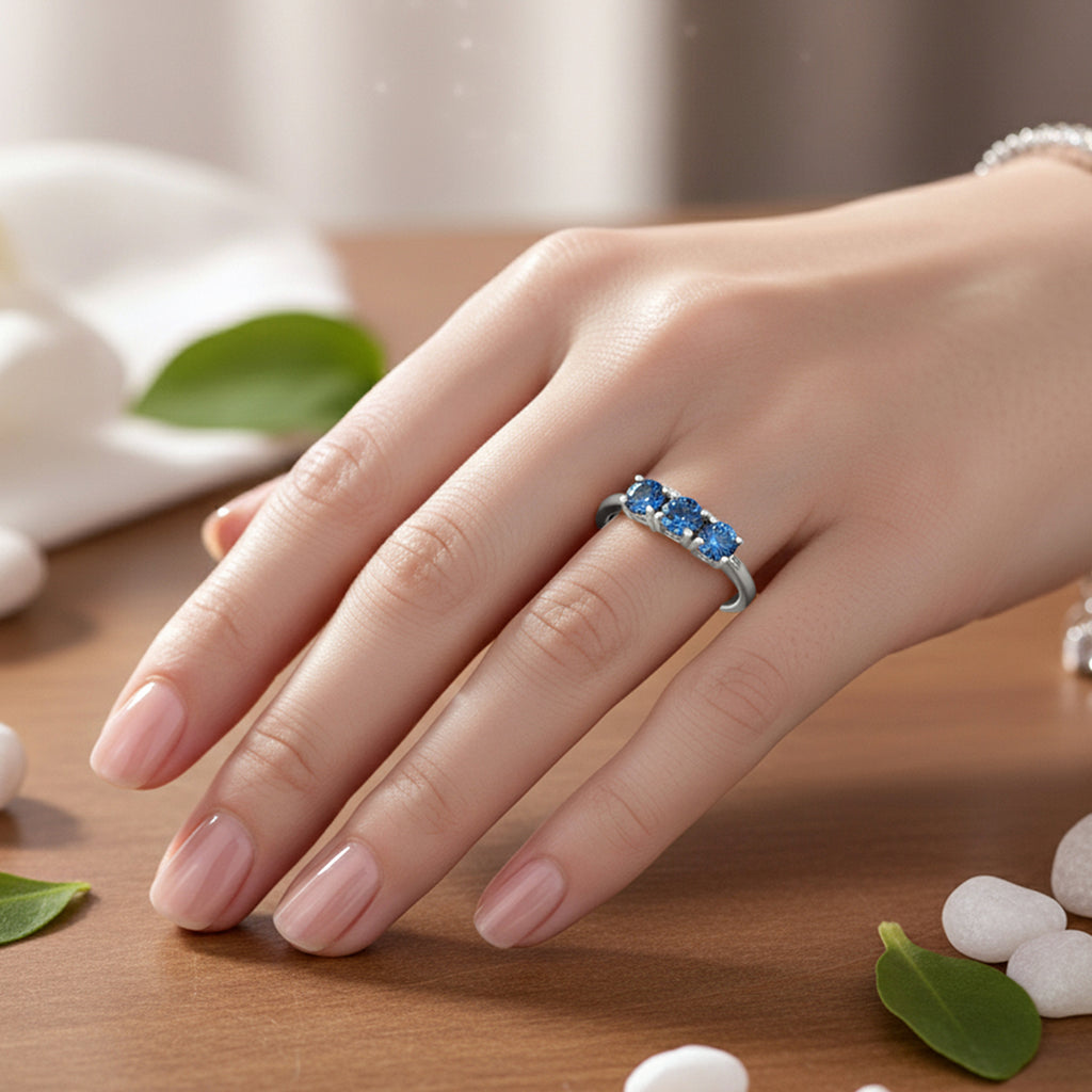 Luxuriant Lab Grown Blue Diamond (VS INTENSE BLUE) Trilogy Ring in Rhodium Overlay Sterling Silver 0.50 Ct._8280836_2