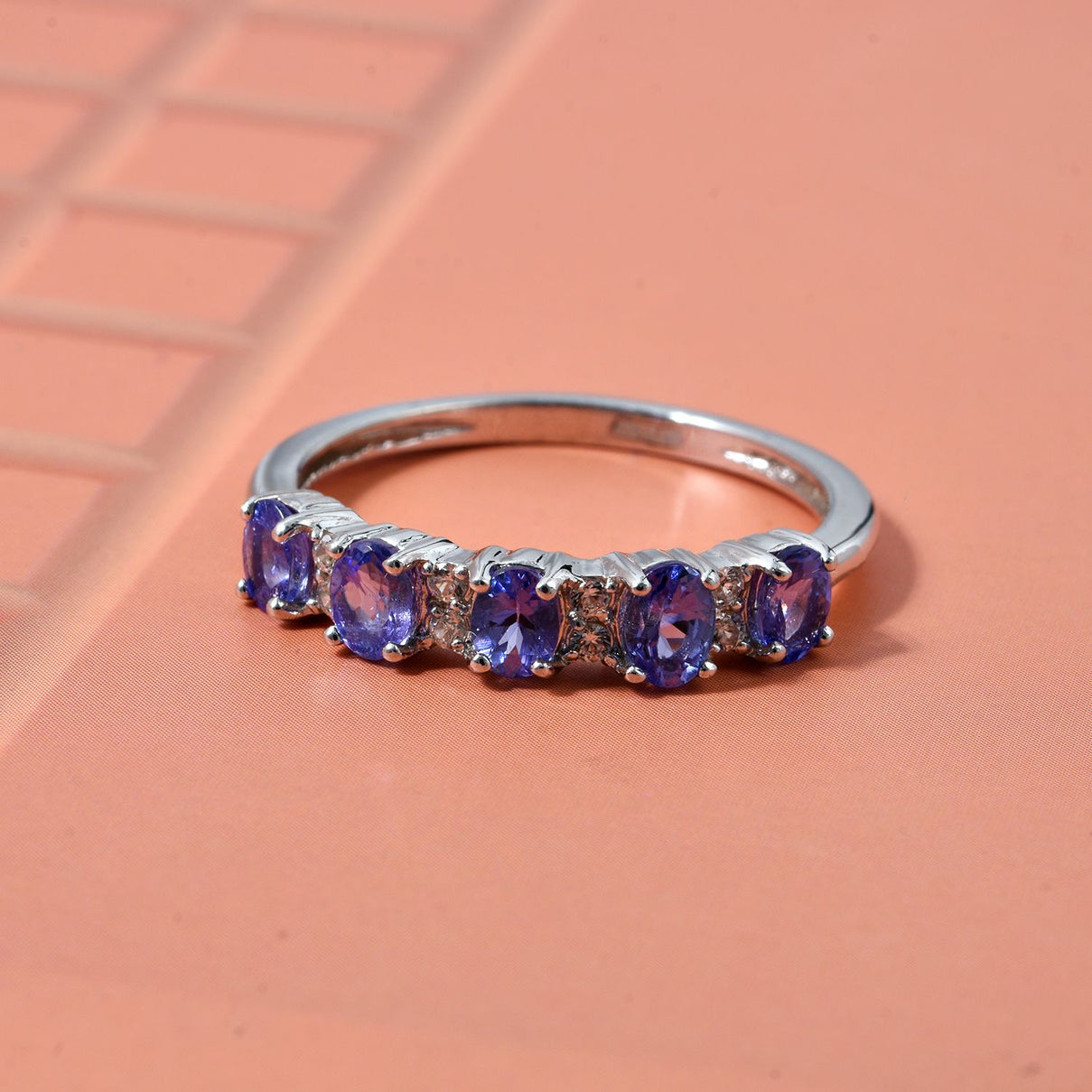 D'Joy Tanzanite &amp; White Zircon 5 Stone Ring in Rhodium Overlay Sterling Silver 8282188 2