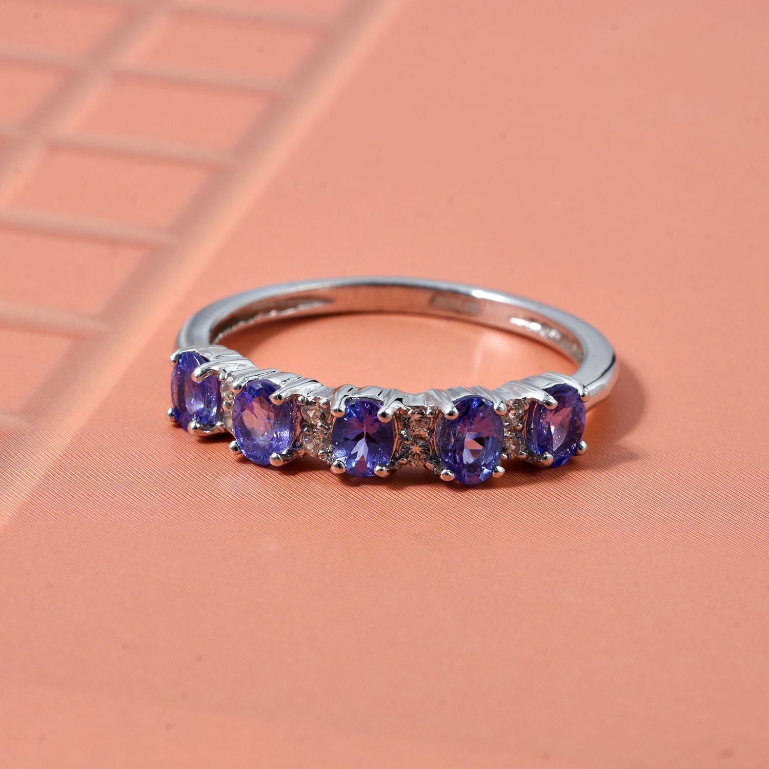D'Joy Tanzanite &amp; White Zircon 5 Stone Ring in Rhodium Overlay Sterling Silver 8282188 2