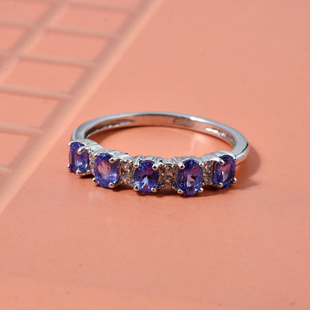 D'Joy Tanzanite &amp; White Zircon 5 Stone Ring in Rhodium Overlay Sterling Silver 8282188 2