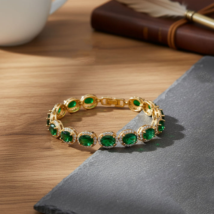 White Cubic Zirconia &amp; Green Crystal Bracelet (Size - 7.5) in Yellow Gold Tone 1.50 Ct. V32726272 2