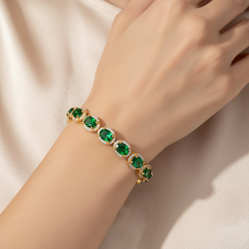 White Cubic Zirconia &amp; Green Crystal Bracelet (Size - 7.5) in Yellow Gold Tone 1.50 Ct. V32564262 3