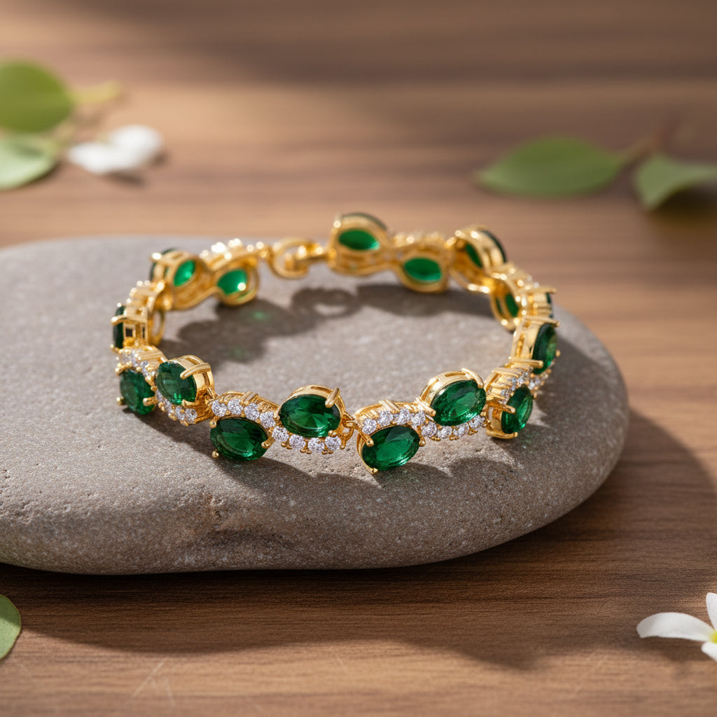 White Cubic Zirconia &amp; Green Crystal Bracelet (Size - 7.5) in Yellow Gold Tone 2.00 Ct. V32515052 2
