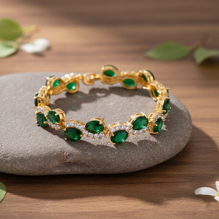 White Cubic Zirconia &amp; Green Crystal Bracelet (Size - 7.5) in Yellow Gold Tone 2.00 Ct. V32667929 2