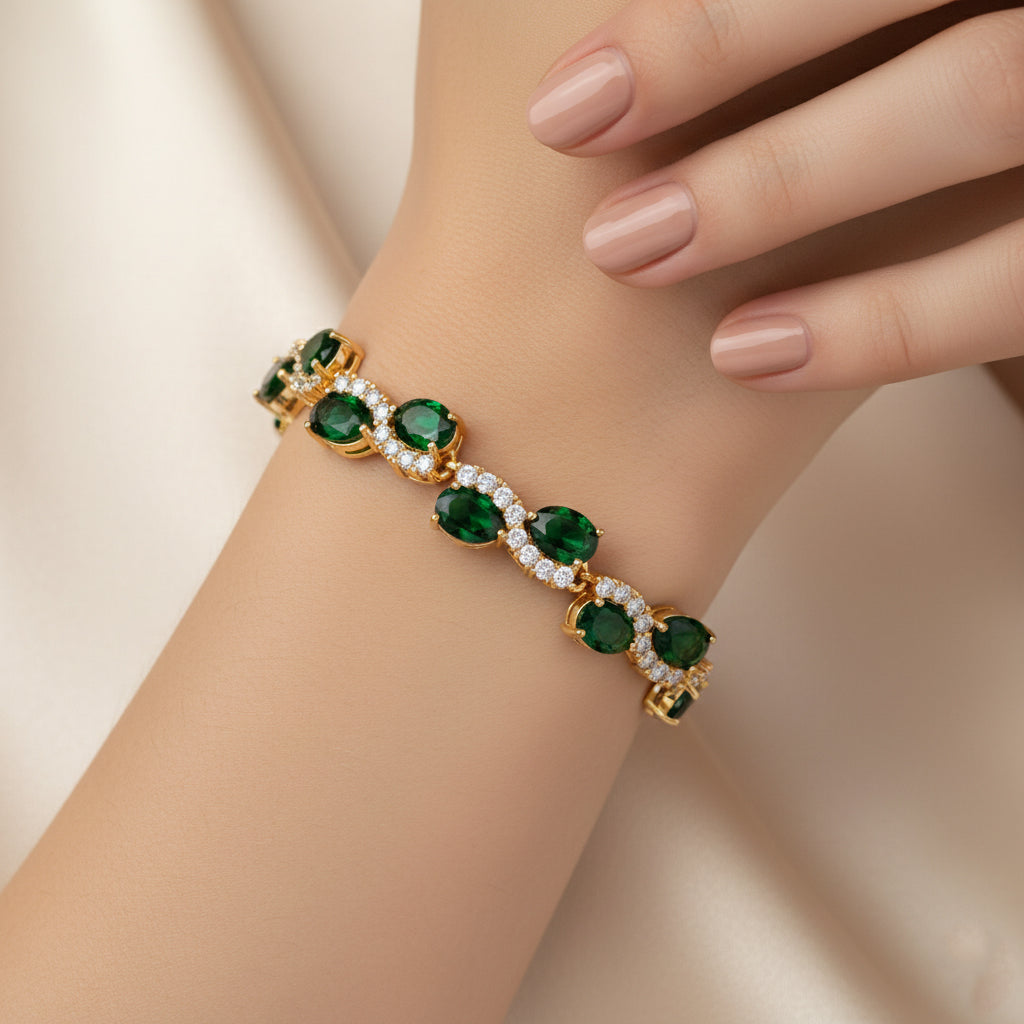 White Cubic Zirconia & Green Crystal Bracelet (Size - 7.5) in Yellow Gold Tone 2.00 Ct._8282259_2