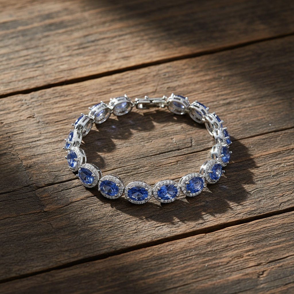 White Cubic Zirconia & Blue Crystal Bracelet (Size - 7.5) in Silver Tone 1.50 Ct._8282374_1