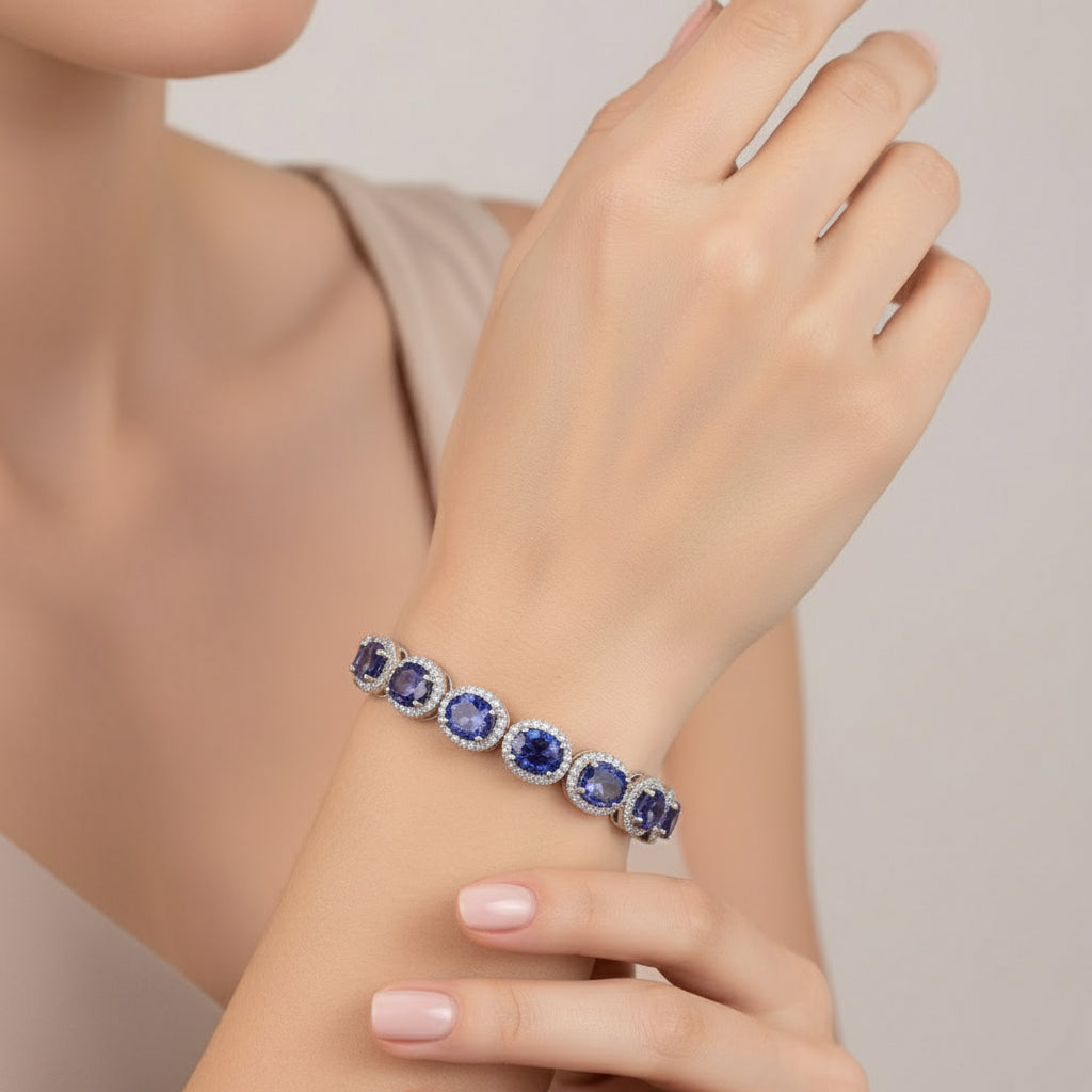 White Cubic Zirconia &amp; Blue Crystal Bracelet (Size - 7.5) in Silver Tone 1.50 Ct. V32569674 3