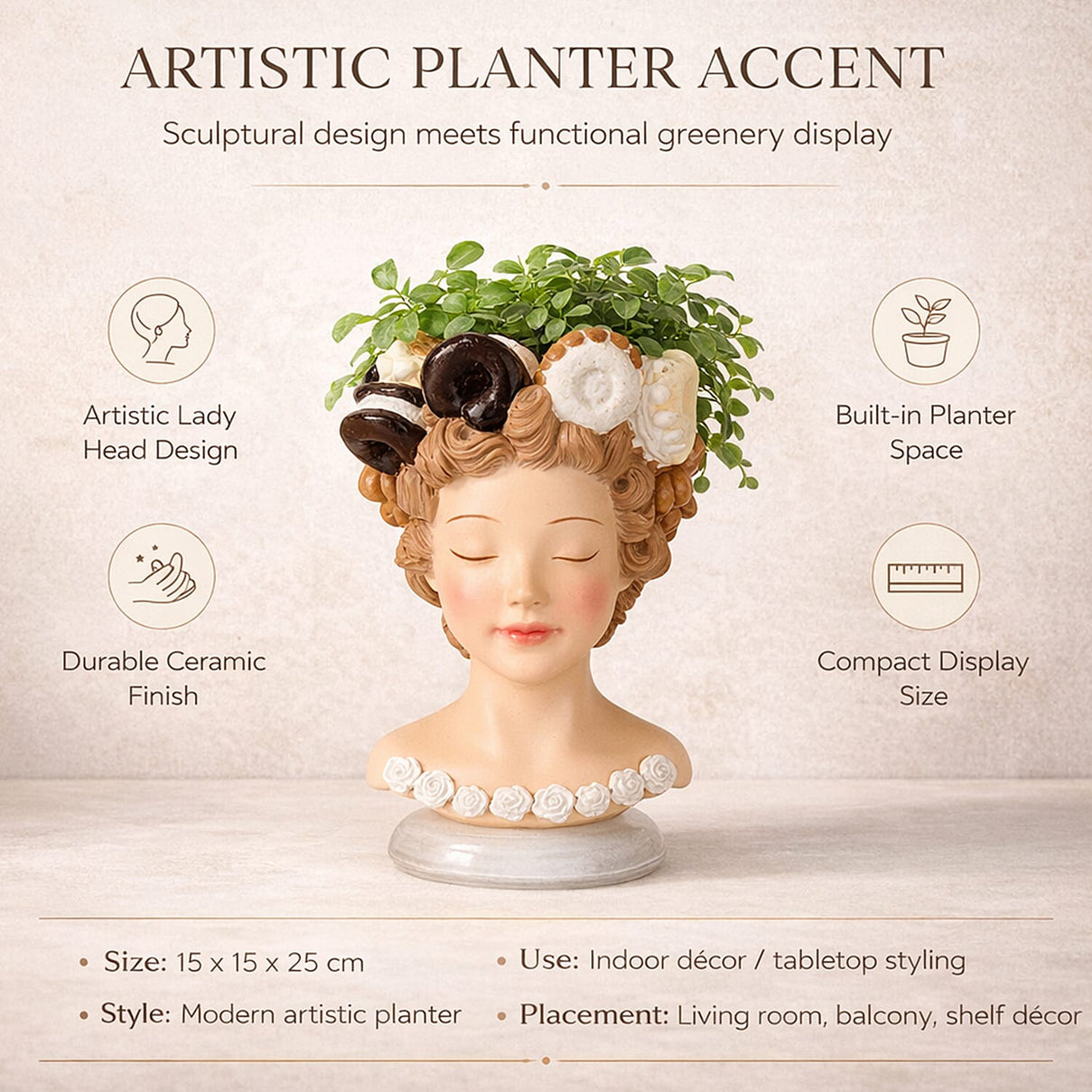 LIVMORE Lady Head Planter with Brown Hair (15 x 15 x 25 cm). V32534047 2