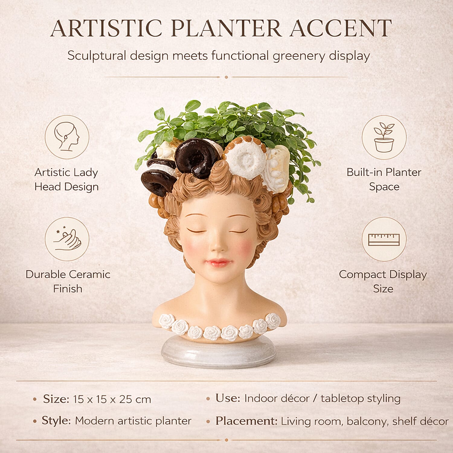 LIVMORE Lady Head Planter with Brown Hair (15 x 15 x 25 cm). V32534047 2