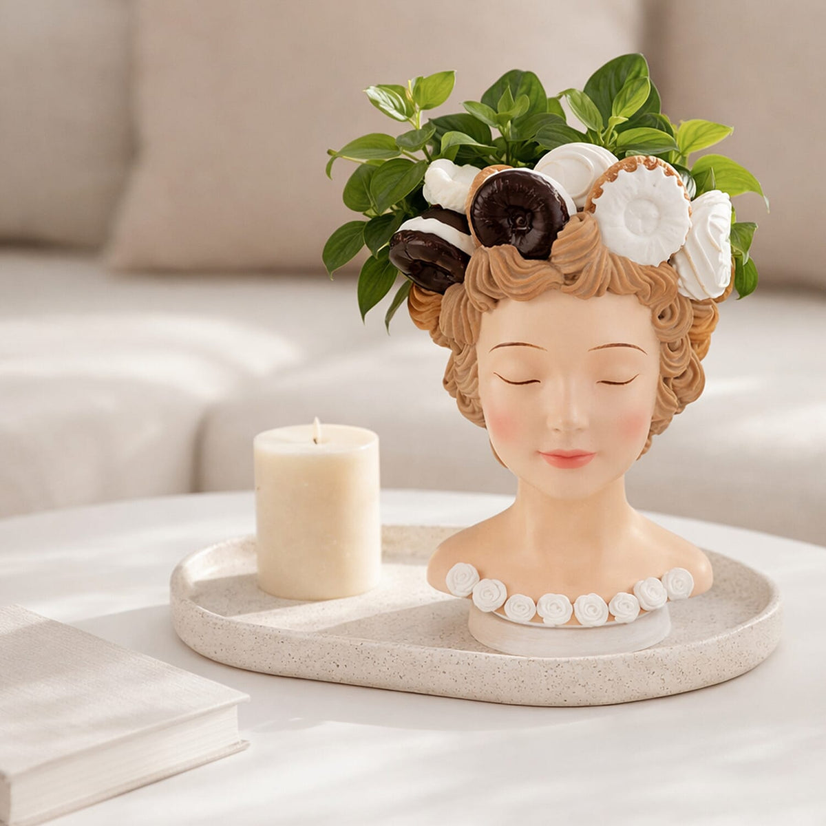 LIVMORE Lady Head Planter with Brown Hair (15 x 15 x 25 cm). V32534047 3