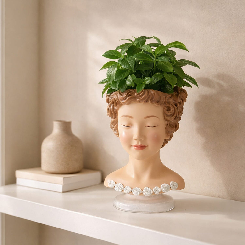 LIVMORE Lady Head Planter with Brown Hair (15 x 15 x 25 cm)._8282645_3