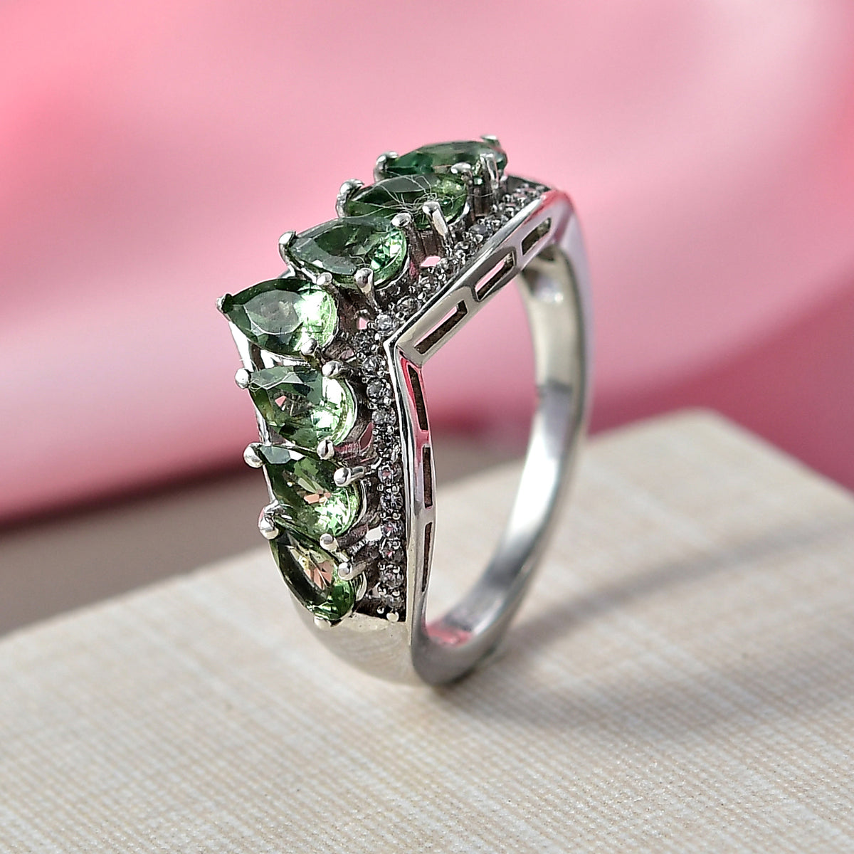 D'Joy Natural Green Apatite &amp; White Zircon Half Eternity Band Ring in Platinum Overlay Sterling Silver 1.85 Ct. V32564352 2