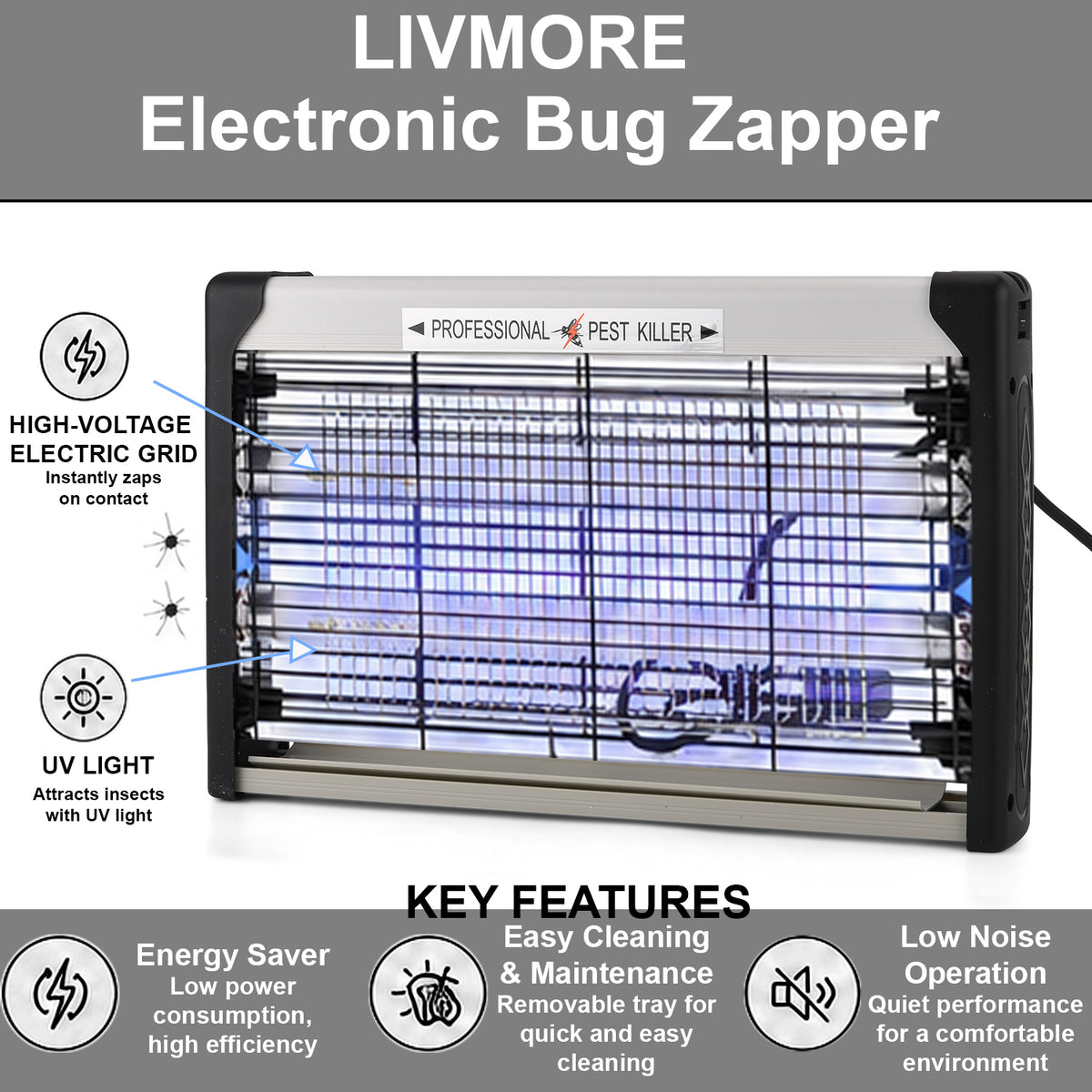 Professional Electric Bug Zapper - 20W, Dual UV Tube, High Voltage 1500V Grid - 30m2 Coverage (25x37.5x6cm) V32582380 3