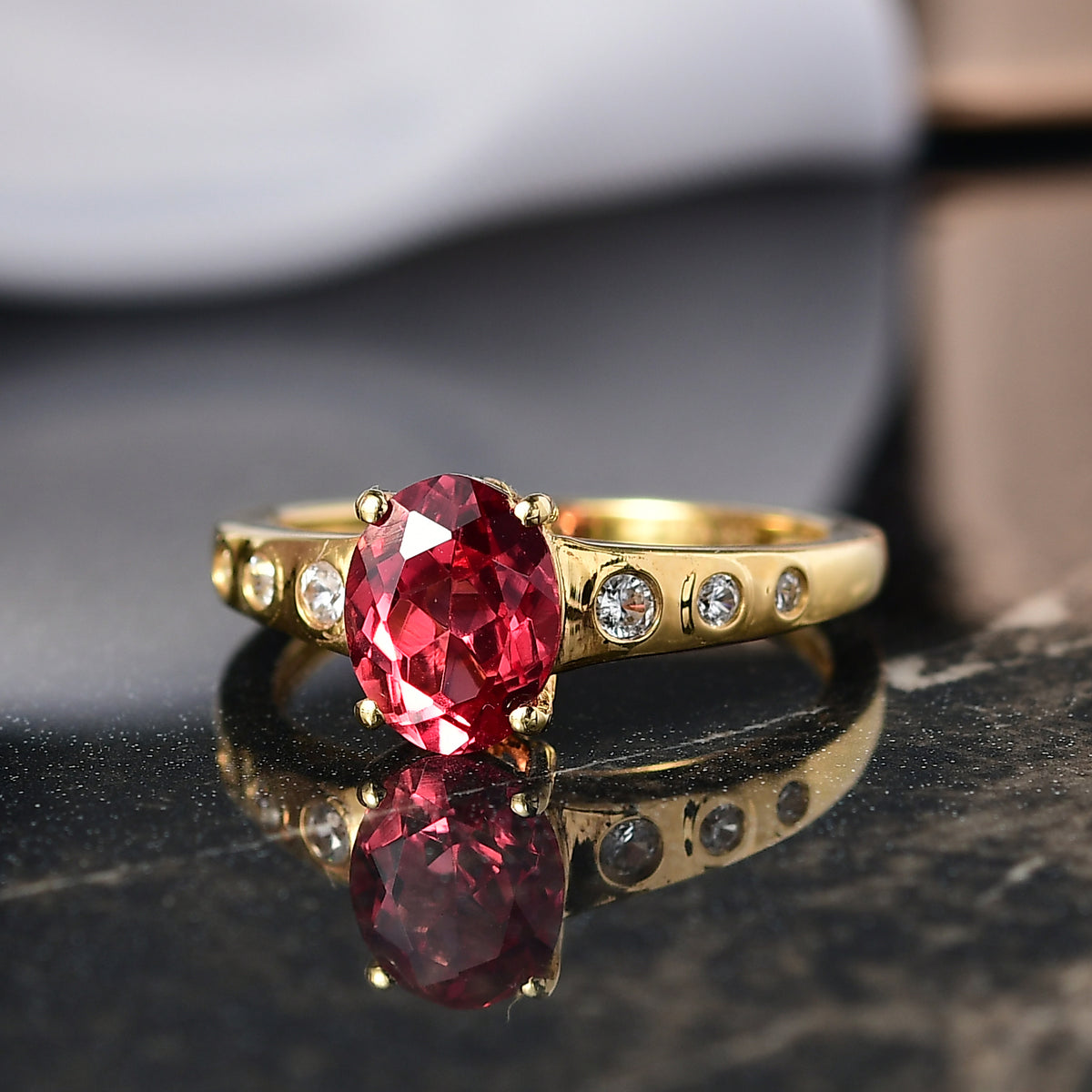 D'Joy Lab Grown Padparadscha Sapphire &amp; White Zircon Ring in 18K Yellow Gold Plating Sterling Silver 2.22 Ct. 8283544 7