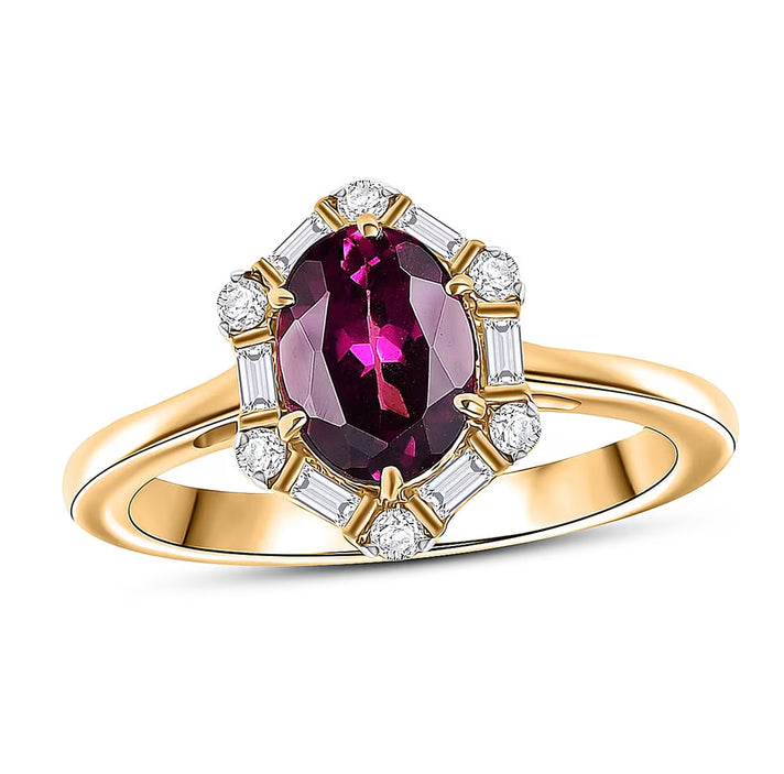 Certified &amp; Appraised LUXURIANT 1.65 Ct. AAA Radiant Ember Garnet, Lab Grown Diamond Halo Ring in 10K Yellow Gold (SI, GH) 8284400 1