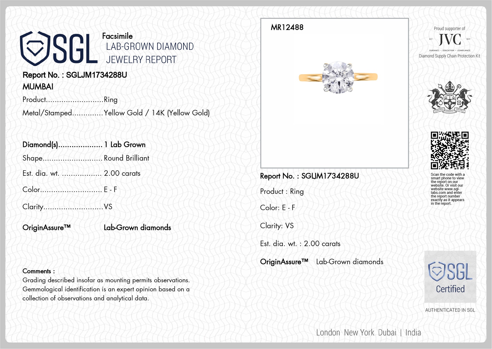 LUXURIANT 2 Ct. Lab Grown Diamond Round-Cut Solitaire Ring in 14K Yellow Gold SGL Certified (VS-EF) 8284516 8