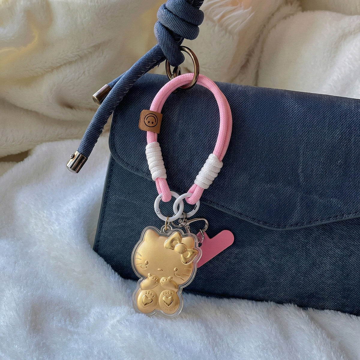 24K Yellow Gold Kitty Key Chain with Pink and White Rope V32712515 3