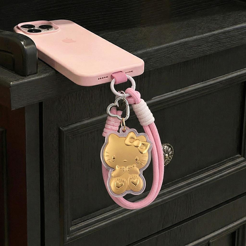 24K Yellow Gold Kitty Key Chain with Pink and White Rope V32712515 5