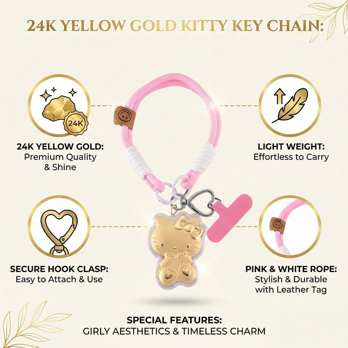 24K Yellow Gold Kitty Key Chain with Pink and White Rope V32712515 7