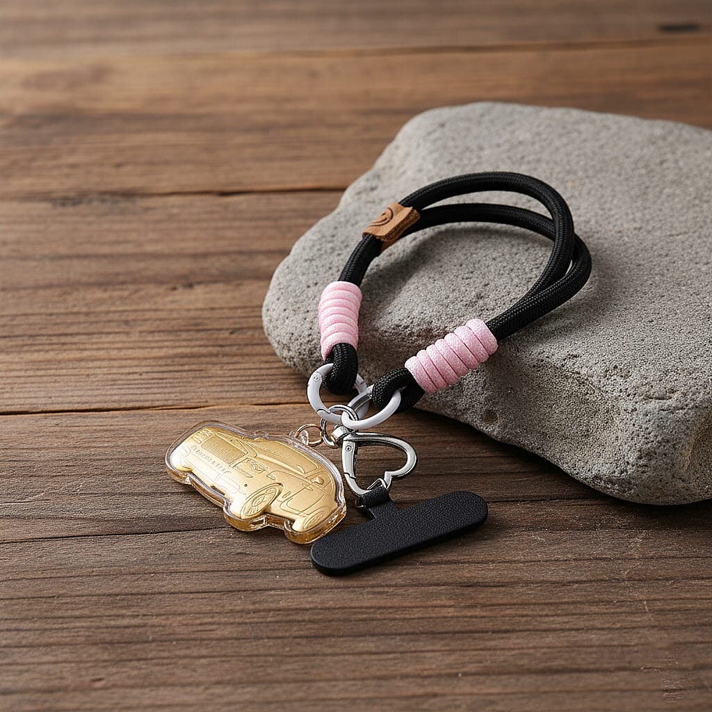 24K Yellow Gold Car Key Chain with Black and Pink Rope 8285297 1