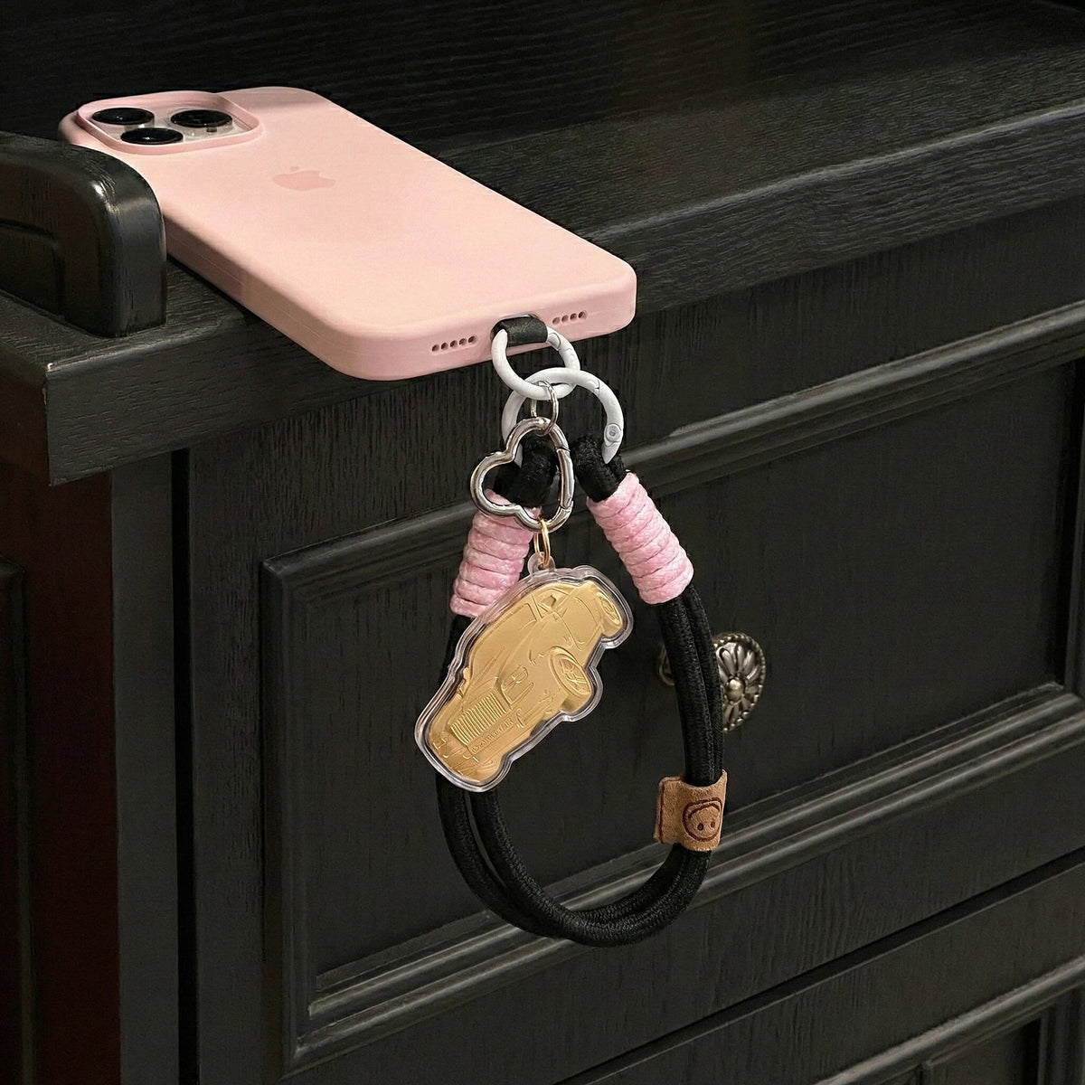 24K Yellow Gold Car Key Chain with Black and Pink Rope 8285297 3