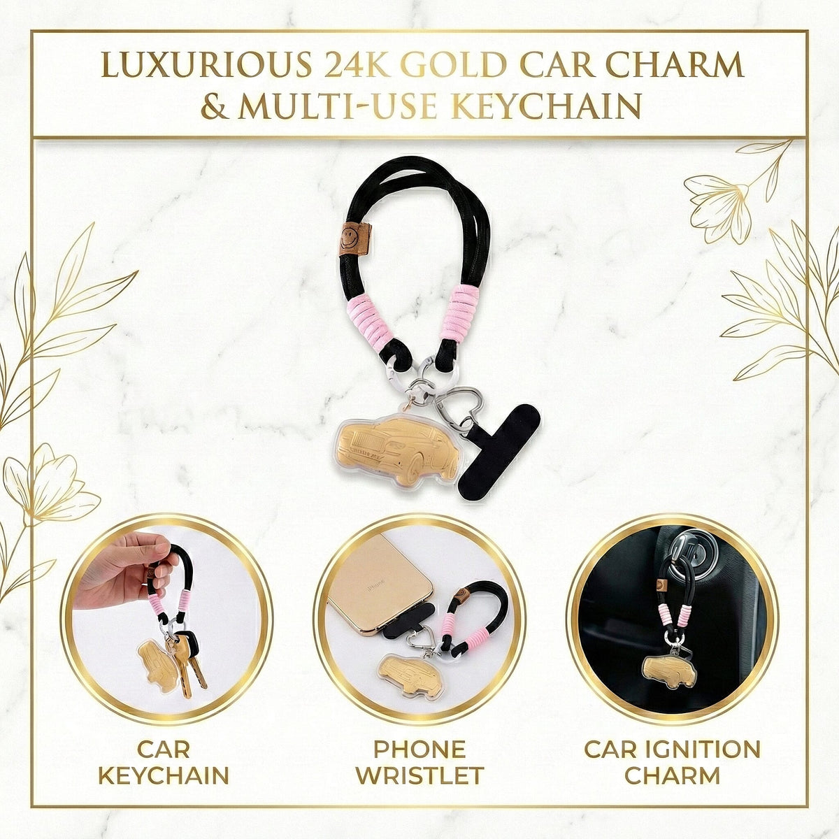24K Yellow Gold Car Key Chain with Black and Pink Rope 8285297 6