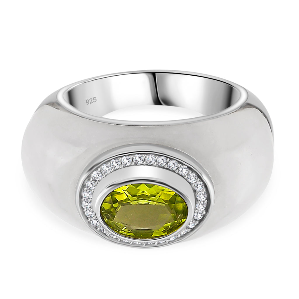 D'Joy Peridot, Natural White Jade & Moissanite Ring in Rhodium Overlay Sterling Silver 25.02 Ct, Silver Wt. 4.75 Gms._8286001