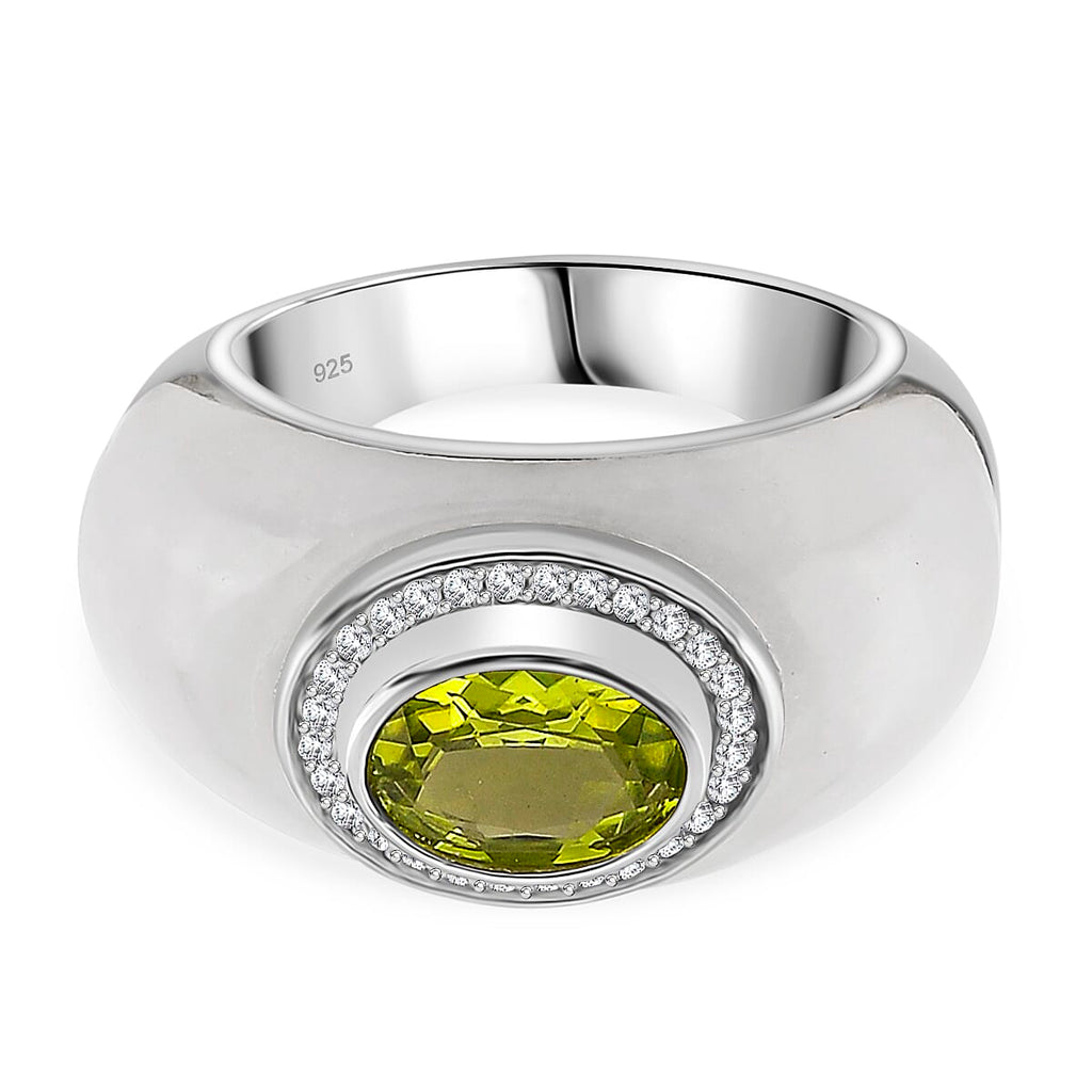 D'Joy Peridot, Natural White Jade & Moissanite Halo Band Ring in Rhodium Overlay Sterling Silver 25.00 Ct._8286003
