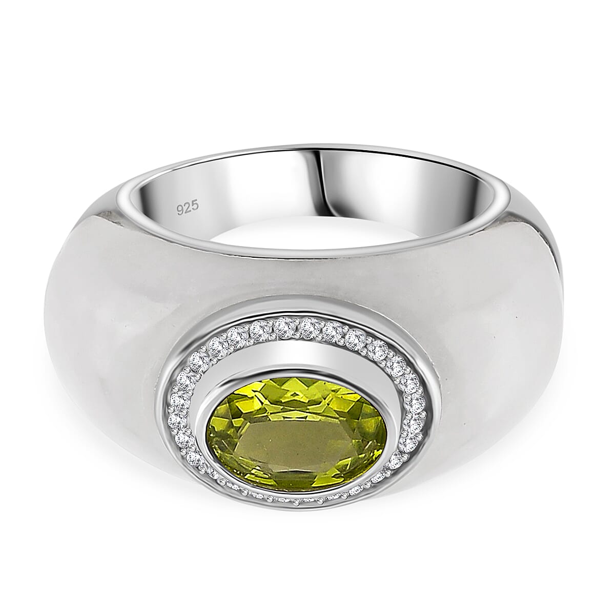 D'Joy Peridot, Natural White Jade &amp; Moissanite Halo Band Ring in Rhodium Overlay Sterling Silver 25.00 Ct. V32529785 0