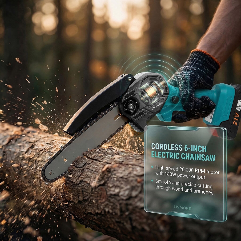 Livmore Handheld Cordless Chainsaw, 2x Batteries, 2x 6-Inch Chains - 20,000 Rpm Motor And 180W Power - Teal_8286077_1