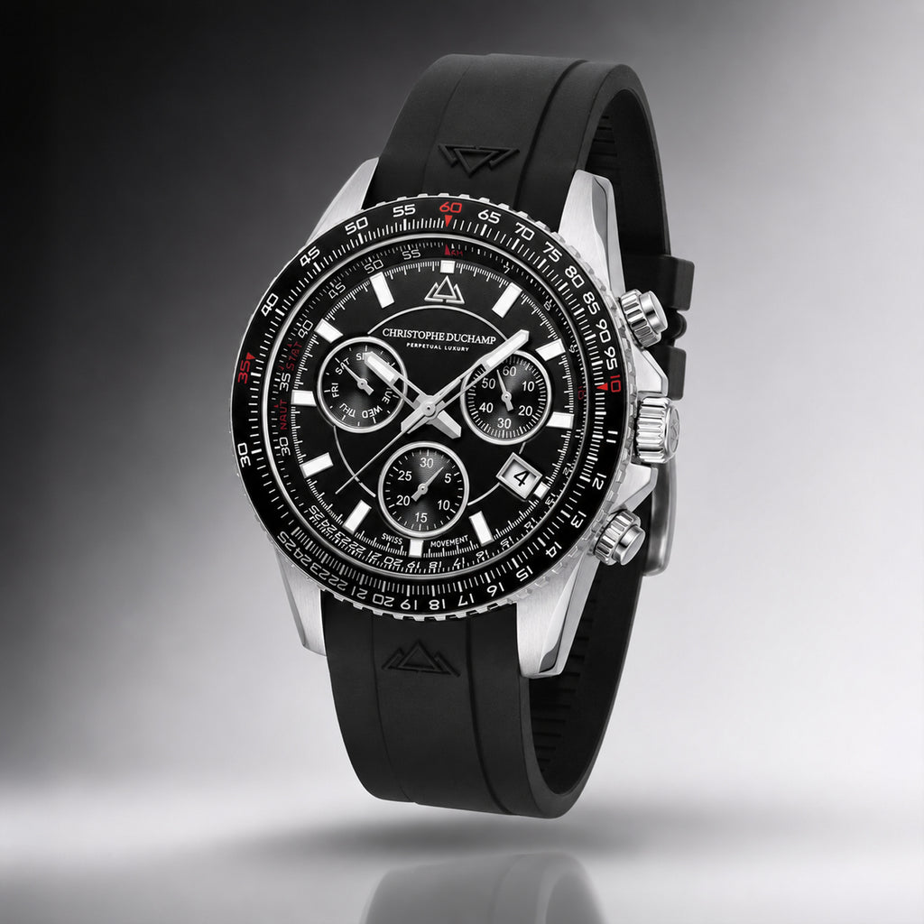 Christophe Duchamp Velocite V2 Swiss Z60 Chronograph 10ATM Mens Watch with Black Dial and Silicone Strap