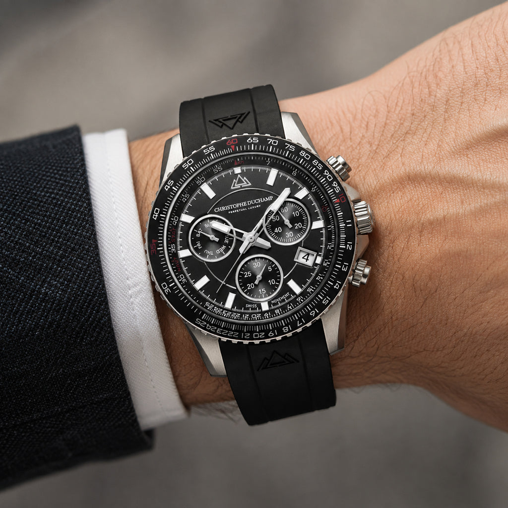 Christophe Duchamp Velocite V2 Swiss Z60 Chronograph 10ATM Mens Watch with Black Dial and Silicone Strap