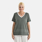 La Marey V-Neck Striped Short-Sleeved Top (Size S, 8-10) - Olive Green & White_8286176