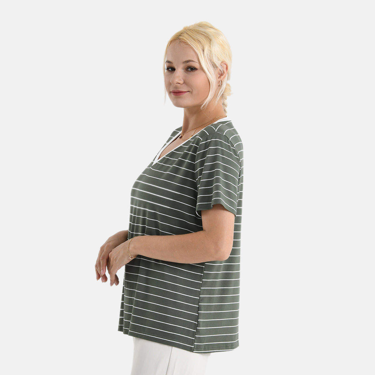 La Marey V-Neck Striped Short-Sleeved Top (Size S, 8-10) - Olive Green &amp; White V32652666 4