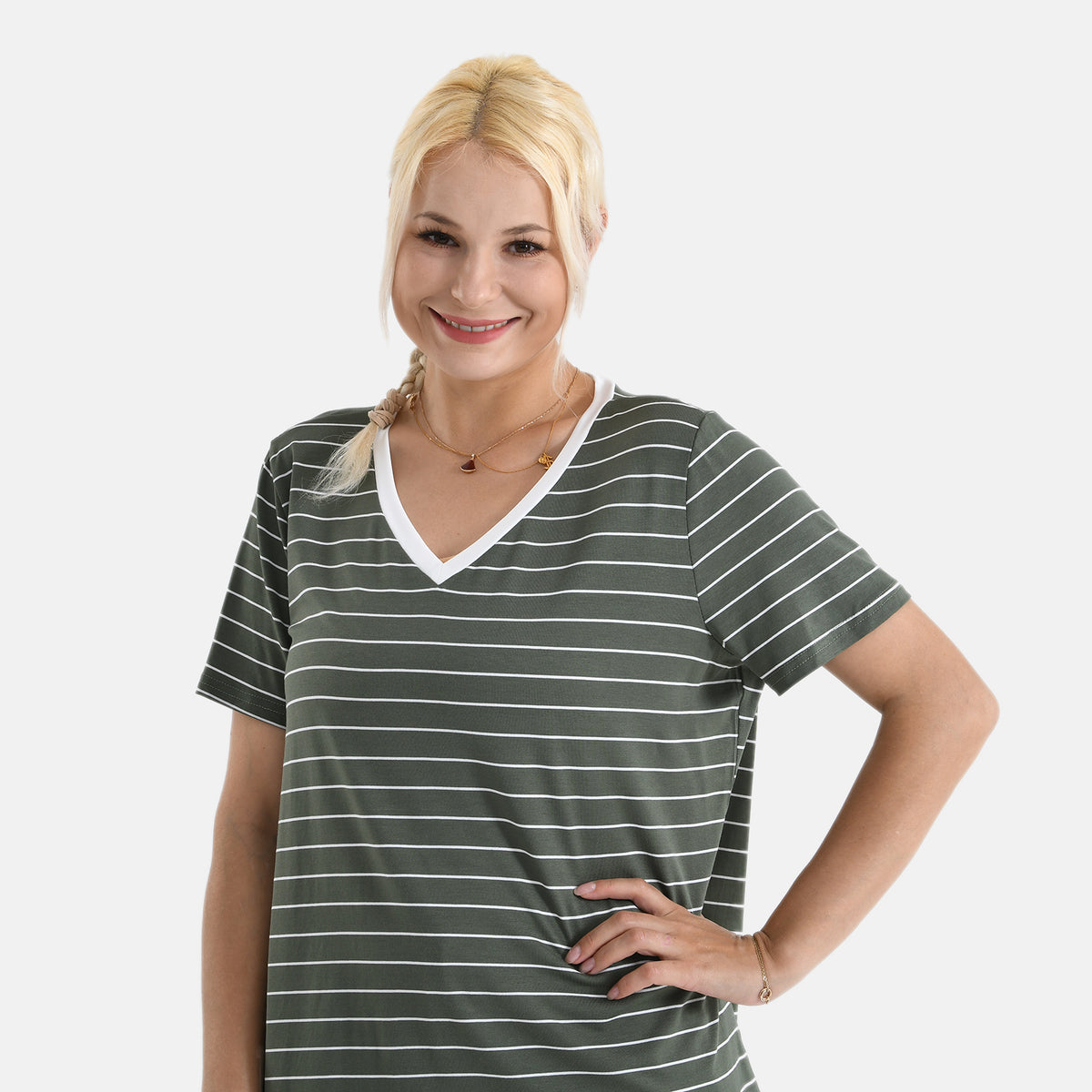 La Marey V-Neck Striped Short-Sleeved Top (Size S, 8-10) - Olive Green &amp; White V32652666 5