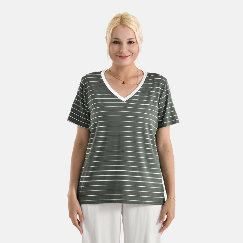La Marey V-Neck Striped Short-Sleeved Top (Size XL, 20-22) - Olive Green & White_8286213
