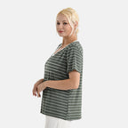 La Marey V-Neck Striped Short-Sleeved Top (Size XL, 20-22) - Olive Green & White_8286213_3