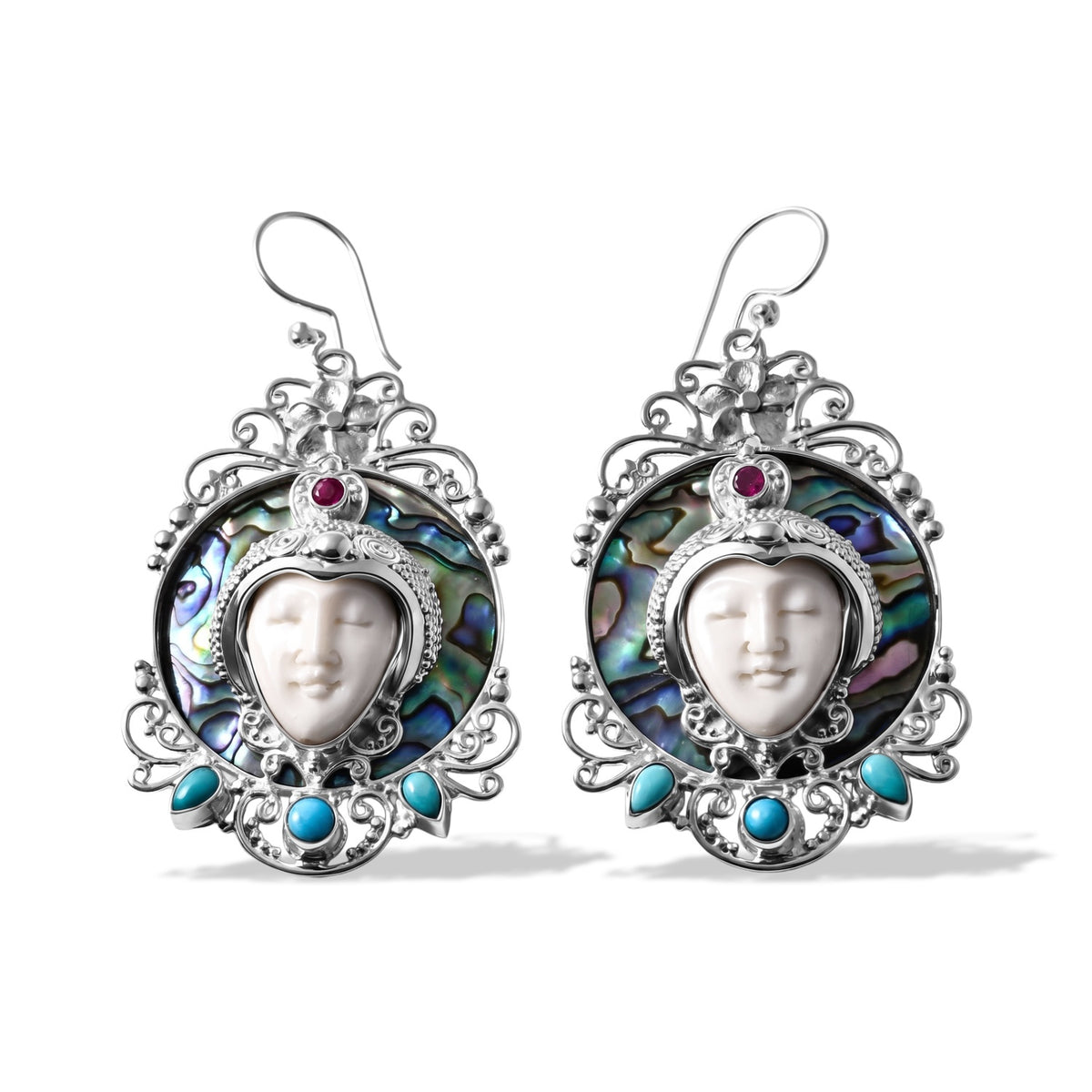 Royal Bali Collection - D'Joy Ox Bone, Fissure Filled Ruby, Abalone Shell &amp; Turquoise Goddess Earring with Hook in Sterling Silver 32.85 Ct, Silver Wt. 26.55 Gms 8286322 0